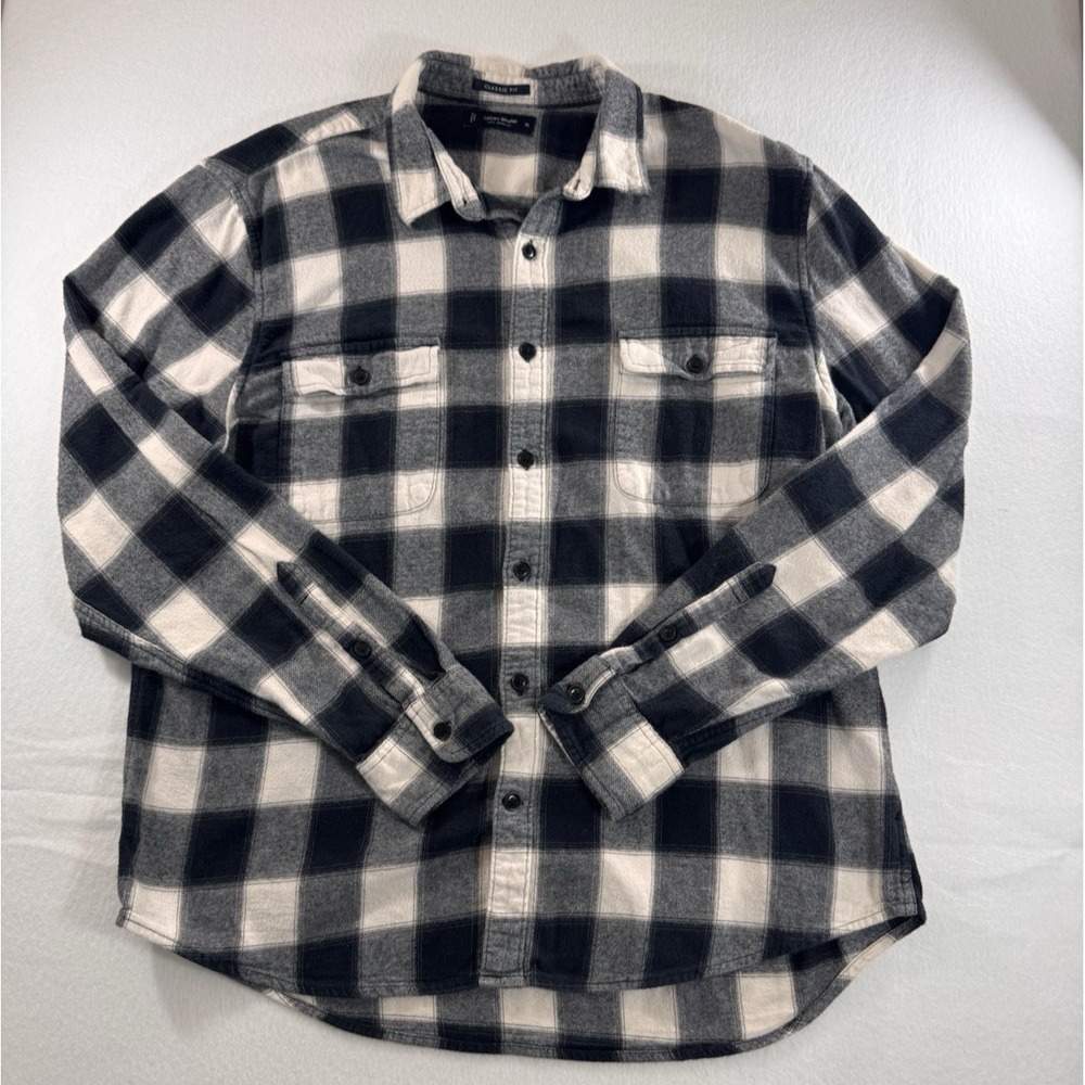 Lucky Brand Mens Black White Classic Fit Flannel Button Down Shirt XL 100%Cotton